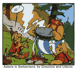 "Asterix with the Swiss " - Obelix enjoying classic cheese fondue.